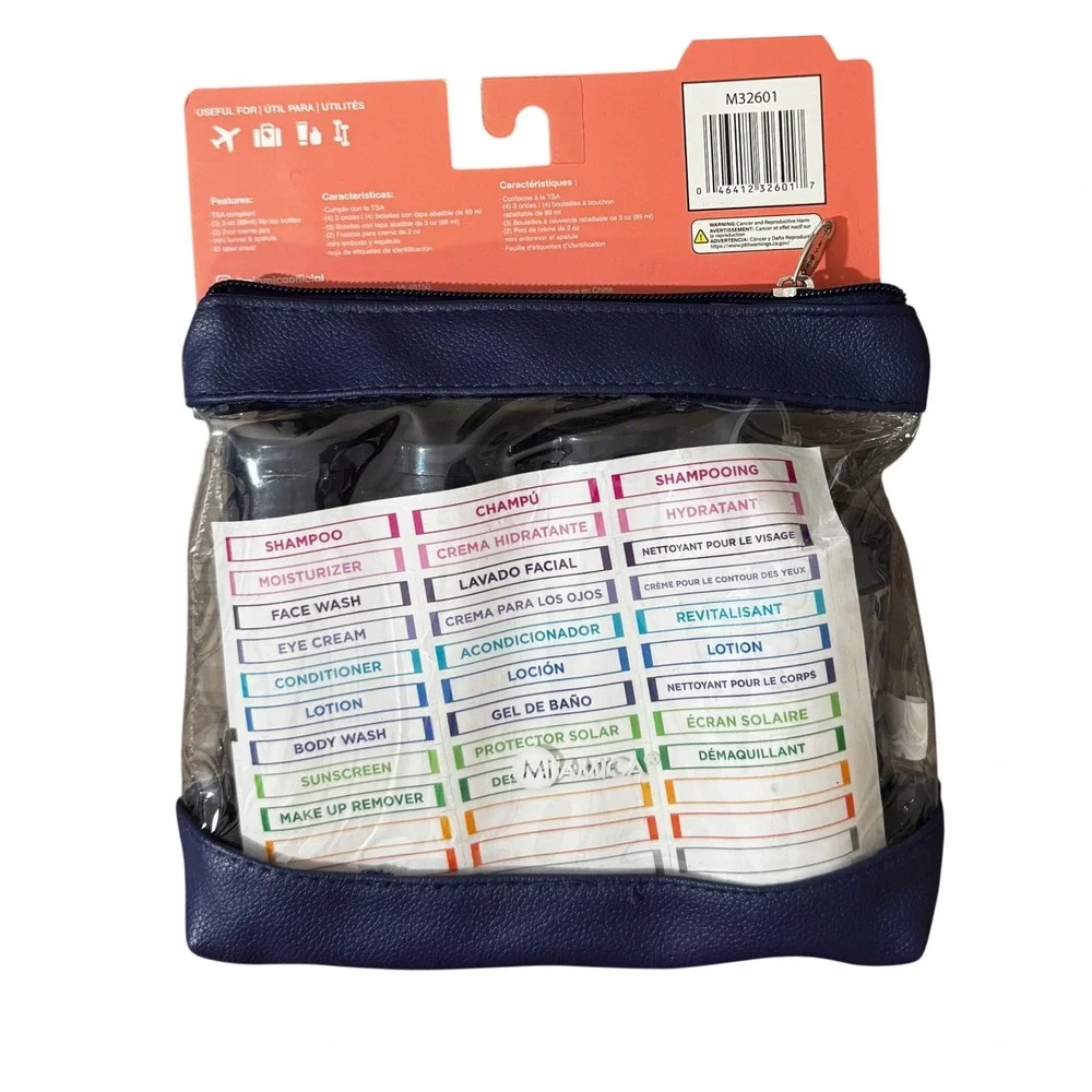 Miamica‎ Travel Bottle Set 9pc Plus 12 Bottles and 3 Jars Bundle NWT Navy Blue